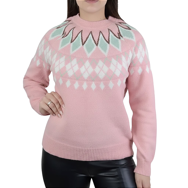 Suéter Feminino Em Tricot Estampa Geométrica Manga Longa