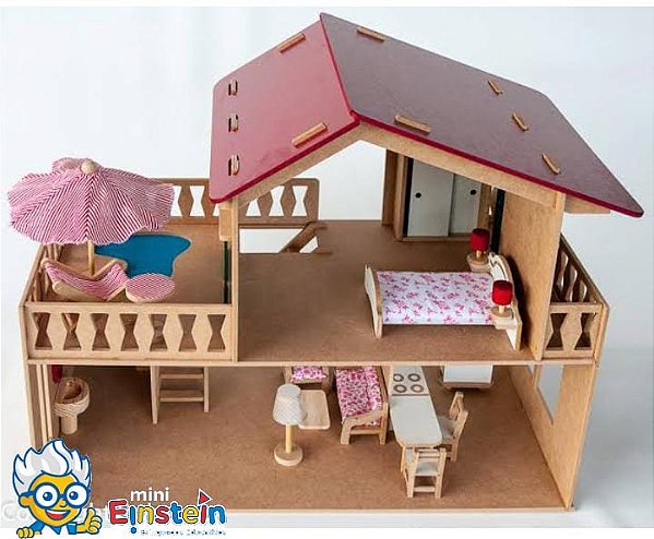 Casa de boneca com Piscina e móveis de madeira dois andares
