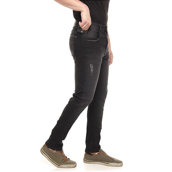 Calça Jeans PRS  Skinny Preto Com Lixado Puídos E Bigode 3D