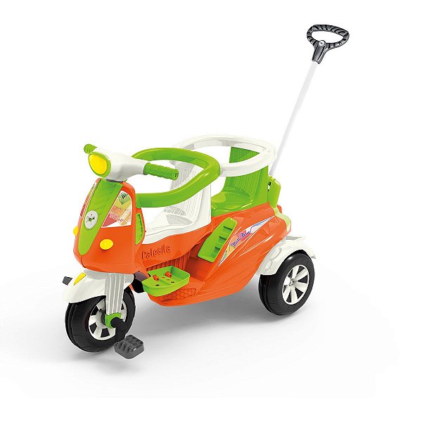Triciclo Infantil Moto Duo Colorida com 2 lugares  com Pedal ou Passeio, Com Empurrador