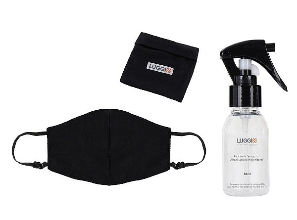 Kit 1 Máscara Antiviral Luggio Infantil Preta com Porta Máscara + Frasco Spray 60ml