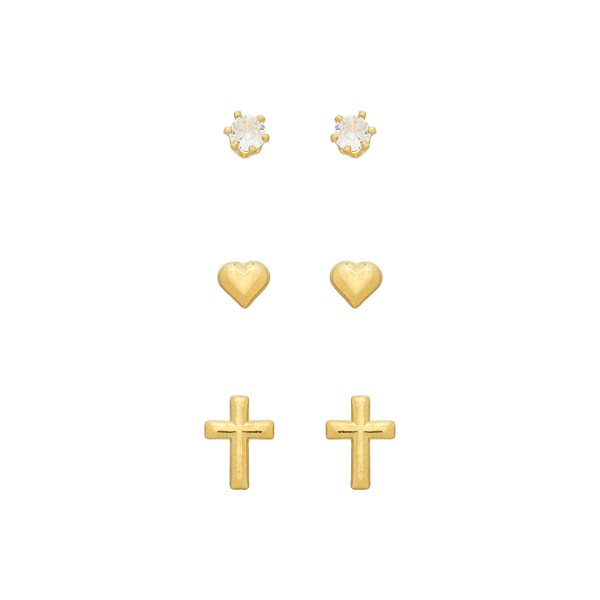 Trio Basiquinhos: Ponto de Luz, Cruz e Coração Banho de Ouro 18k
