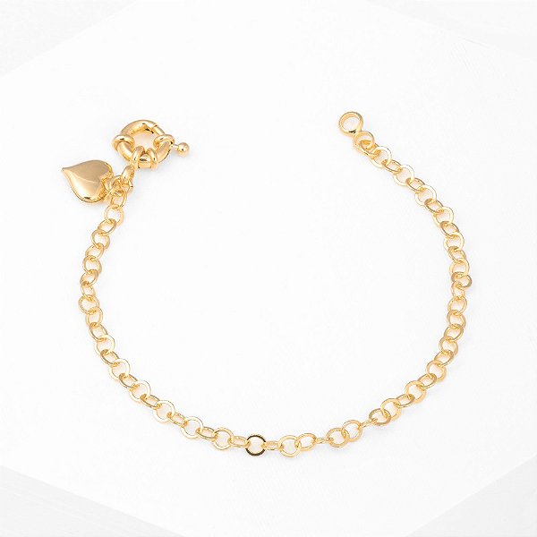 Pulseira Elos e Coração Banho de Ouro 18k