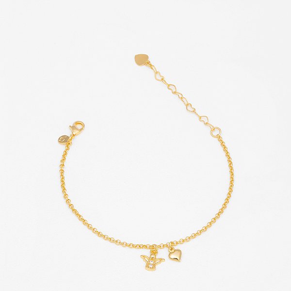 Pulseira Religiosa Infantil Anjinho e Coração Banho de Ouro 18k