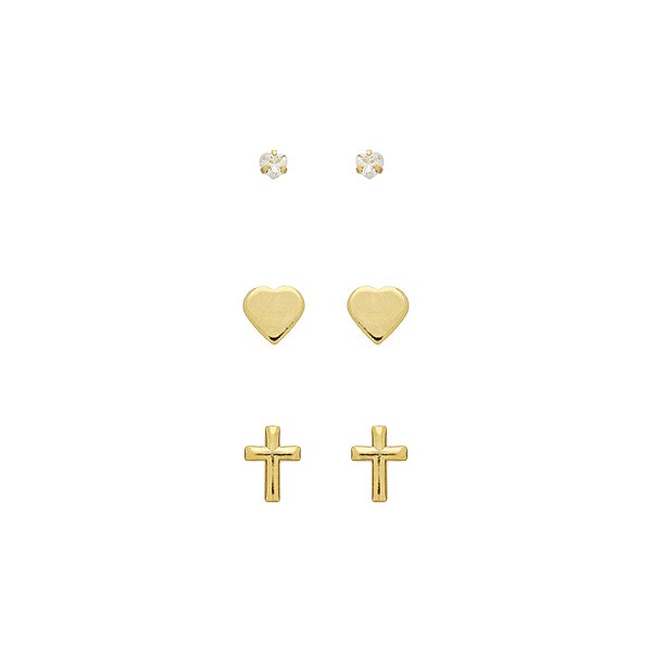Basiquinhos: Ponto de Luz Incolor, Cruz, Coração Banho de Ouro 18k