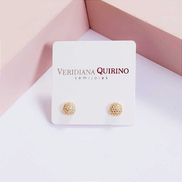 Brinco Meia Esfera com Zircônias Banho de Ouro 18k