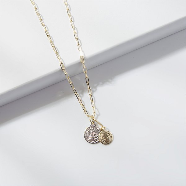 Colar Medalha São Bento Dupla Banho de Ouro 18k e Ródio Branco