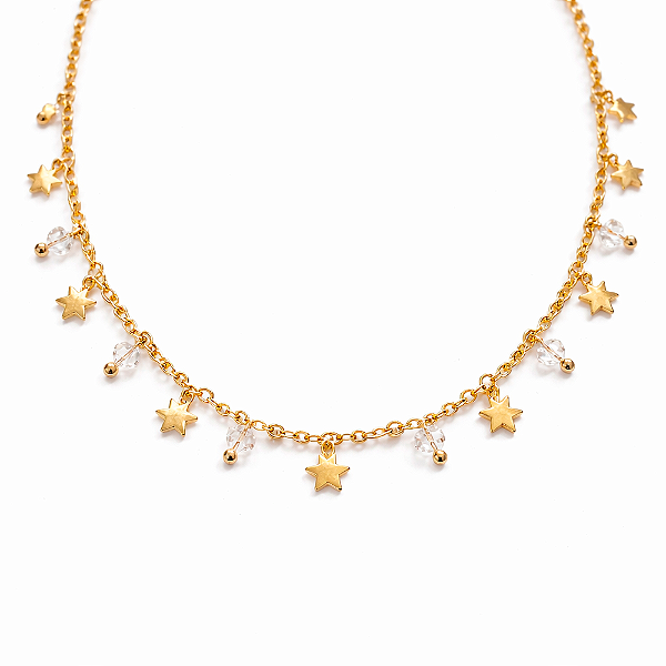 Colar Estrelinhas e Cristais Incolor Banho de Ouro 18k