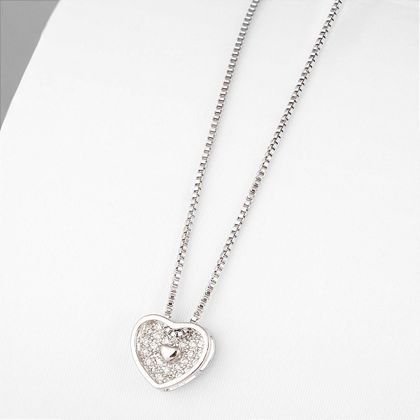 Colar Coração Zircônias Incolor Banho de Ródio Branco
