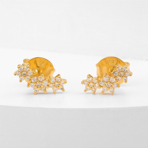 Brinco Ear Cuff Estrelas Zircônias Incolor Banho de Ouro 18k
