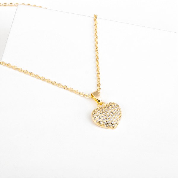 Colar Coração Incolor Banho de Ouro 18k