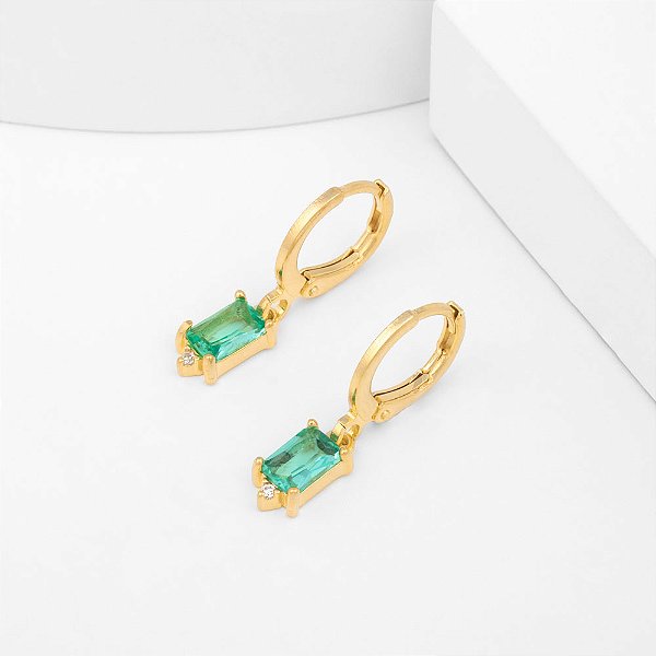 Argolinha Pingente Retangular Zircônia Verde Banho de Ouro 18k