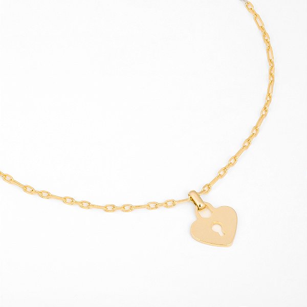 Colar Coração Cadeado Liso Banho de Ouro 18k