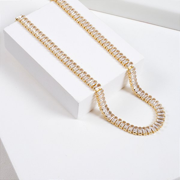 Colar Riviera Baguettes 0,2cm Zircônias Incolor Banho de Ouro 18k