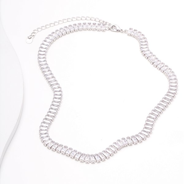 Colar Riviera Baguettes 0,2cm Zircônias Incolor Banho de Ródio Branco