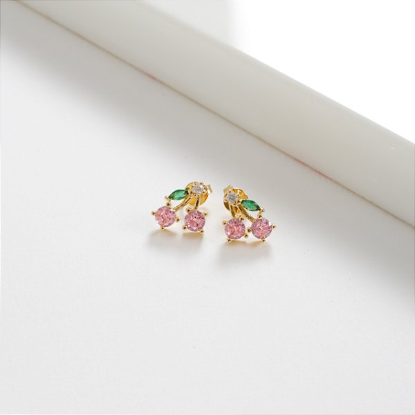 Brinco Infantil Cereja Zircônia Rosa Banho de Ouro 18k