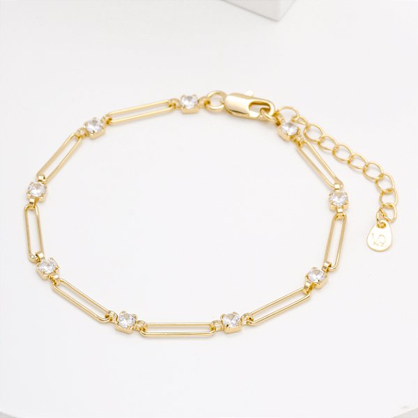 Pulseira Elos Alongados Zircônias Incolor Banho de Ouro 18k