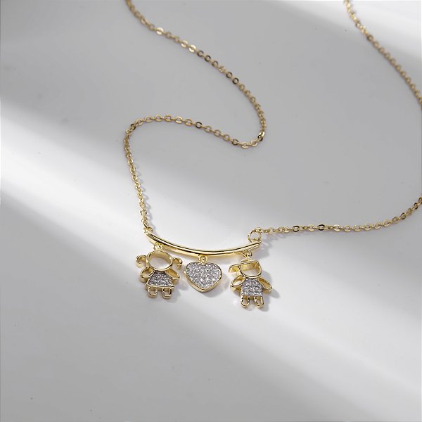 Colar Casal Zircônias Incolor Banho de Ouro 18k