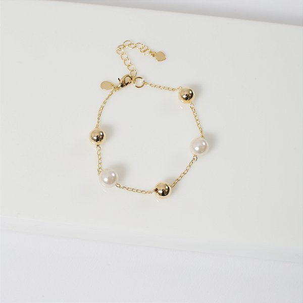 Pulseira Pérolas e Esferas Banho de Ouro 18k