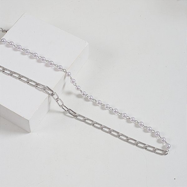 Colar Duna Pérolas Elos Banho de Ródio Branco