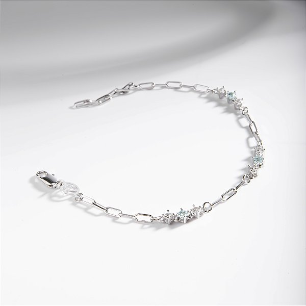 Pulseira Elos Zircônias Incolor e Sky Blue Banho de Ródio Branco