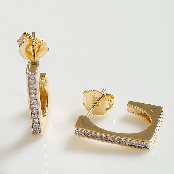 Argola Retangular Detalhe Zircônias Banho de Ouro 18k