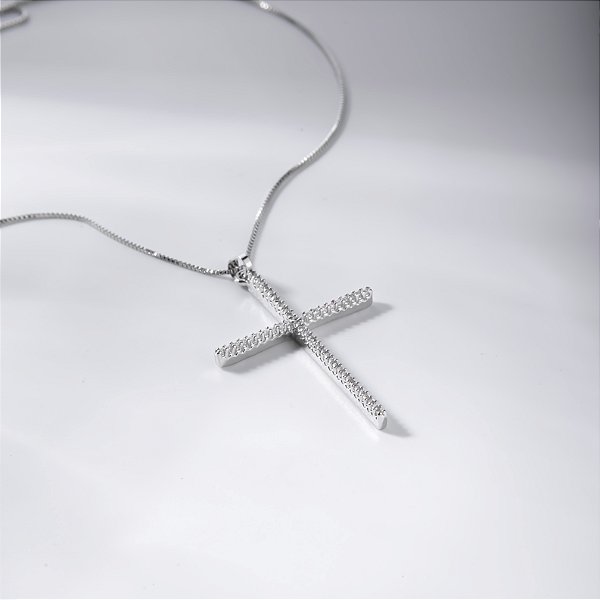 Colar Crucifixo Incolor Grande Banho de Ródio Branco