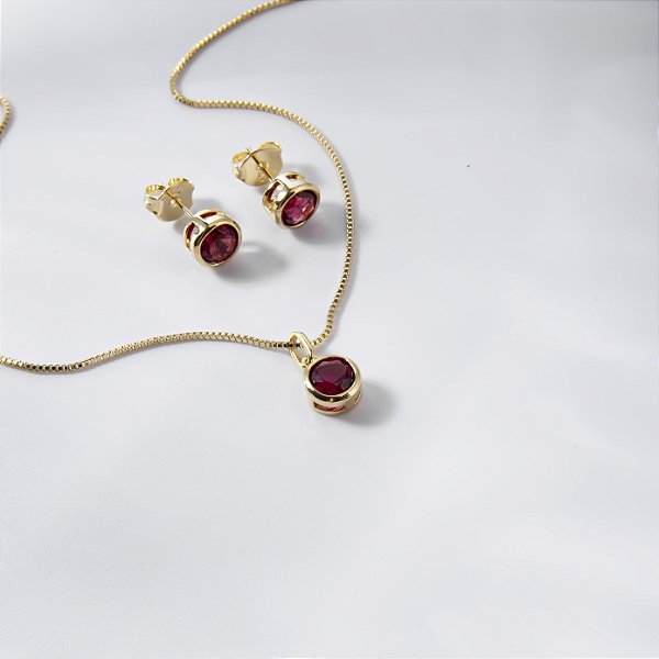 Conjunto Ponto de Luz Zircônia Cereja Banho de Ouro 18k