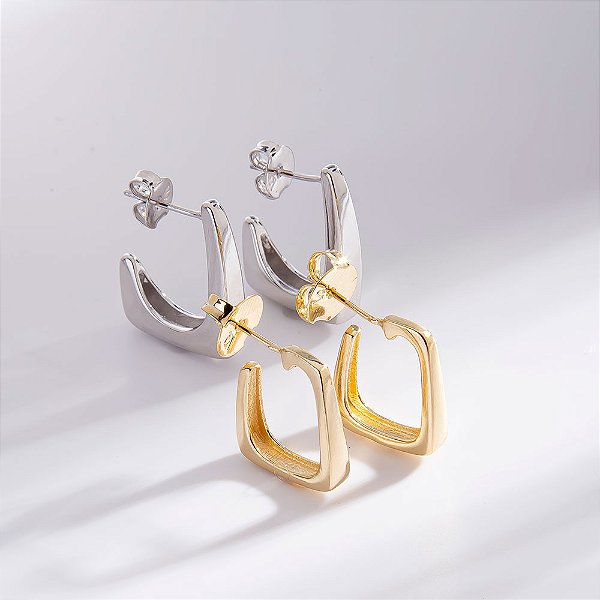 Duo de Argolas Retangulares Banho de Ródio Branco e Ouro 18k