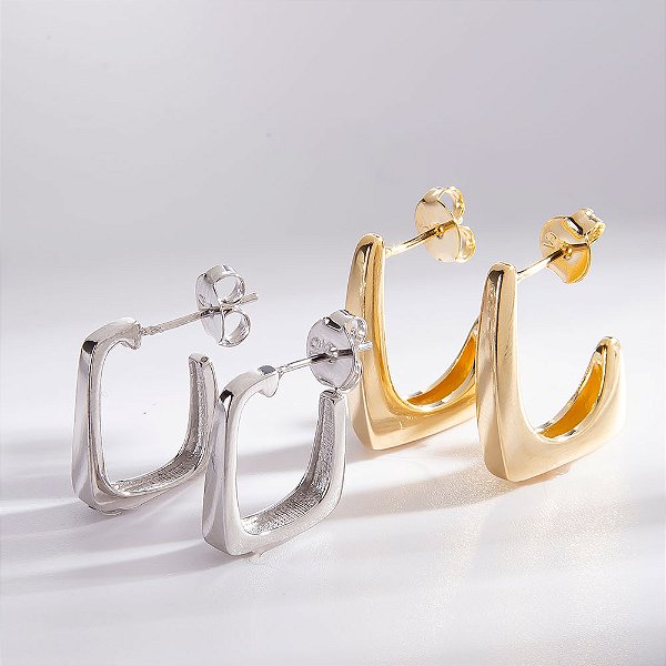 Duo de Argolas Retangulares Banho de Ouro 18k e Ródio Branco