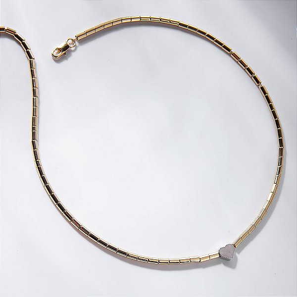 Colar Coração Ródio Branco Canutilhos Banho de Ouro 18k