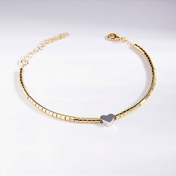 Pulseira Coração Canutilhos Banho de Ouro 18k e Ródio Branco