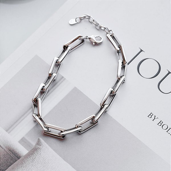 Pulseira Correntaria Elos Retangulares Banho de Ródio Branco