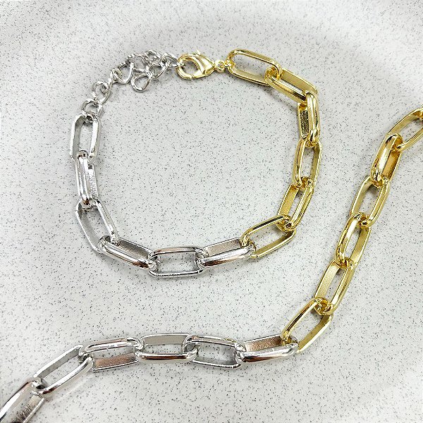 Pulseira Correntaria Elos Abaulados Banho de Ouro 18k e Ródio Branco