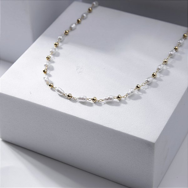 Colar Médio Pérolas Mini Esferas Banho de Ouro 18k
