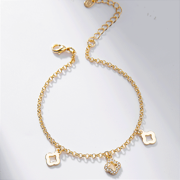 Pulseira Trevos Zircônias Banho de Ouro 18k