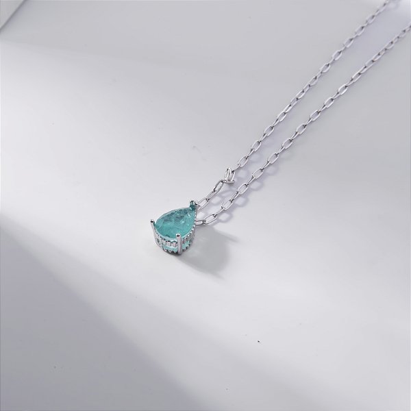 Colar Gota Zircônia Verde Turmalina Fusion Banho de Ródio Branco