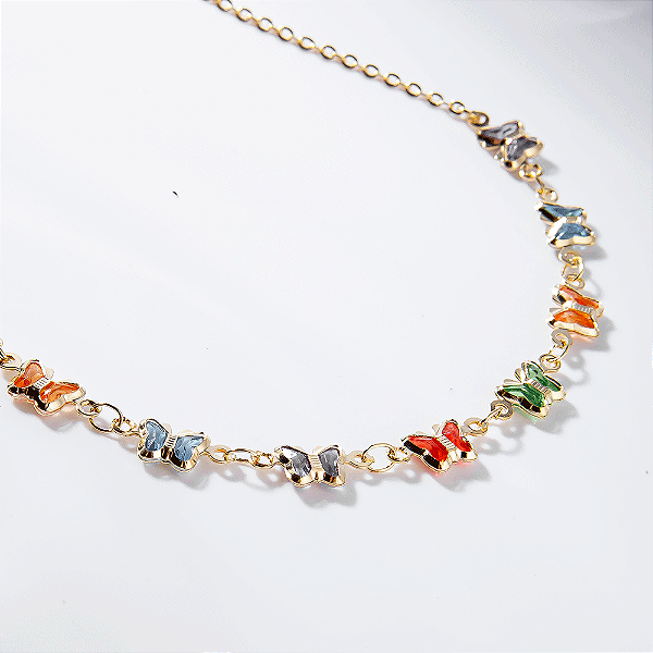 Colar Infantil Borboletas Coloridas Banho de Ouro 18k