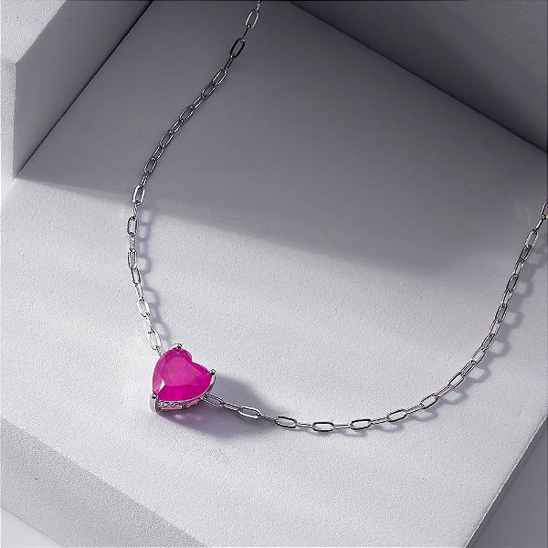 Colar Coração Pink Fusion Banho de Ródio Branco