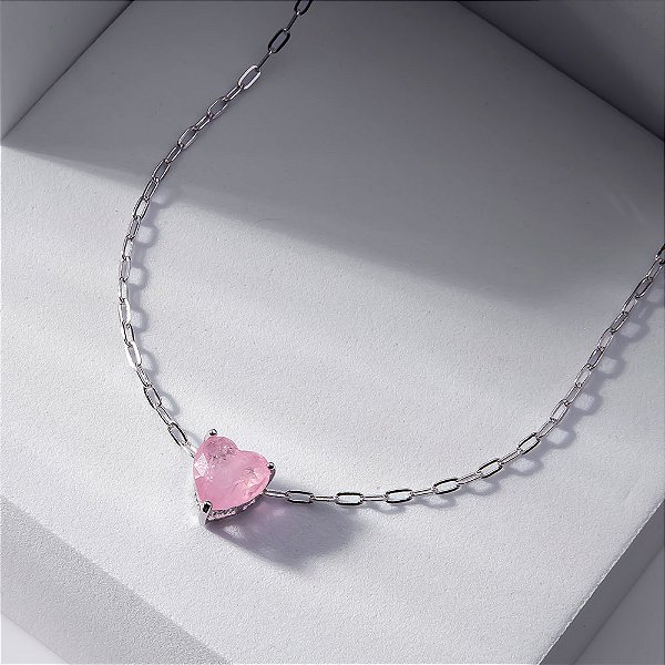 Colar Coração Rosa Claro Fusion Banho de Ródio Branco