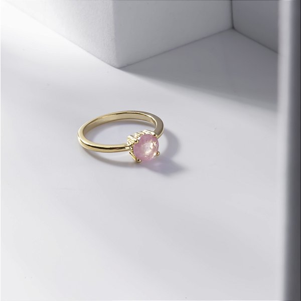 Anel Solitário Rosa Claro Fusion Redondo Banho de Ouro 18k