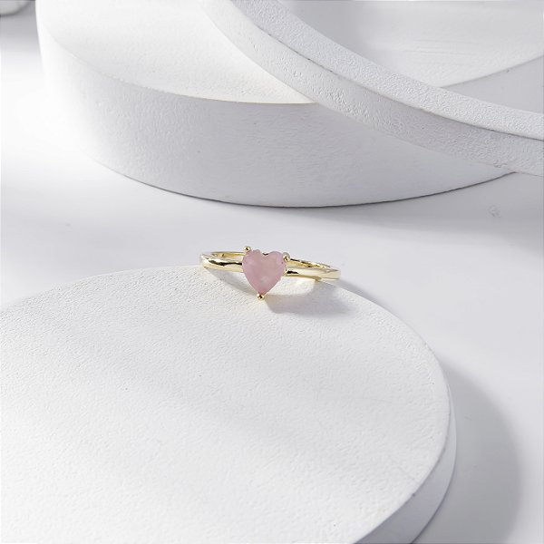 Anel Solitário Rosa Claro Fusion Coração Banho de Ouro 18k