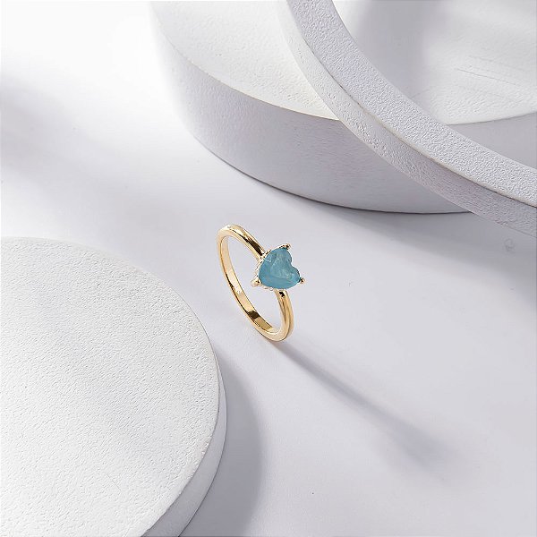 Anel Solitário Azul Fusion Coração Banho de Ouro 18k