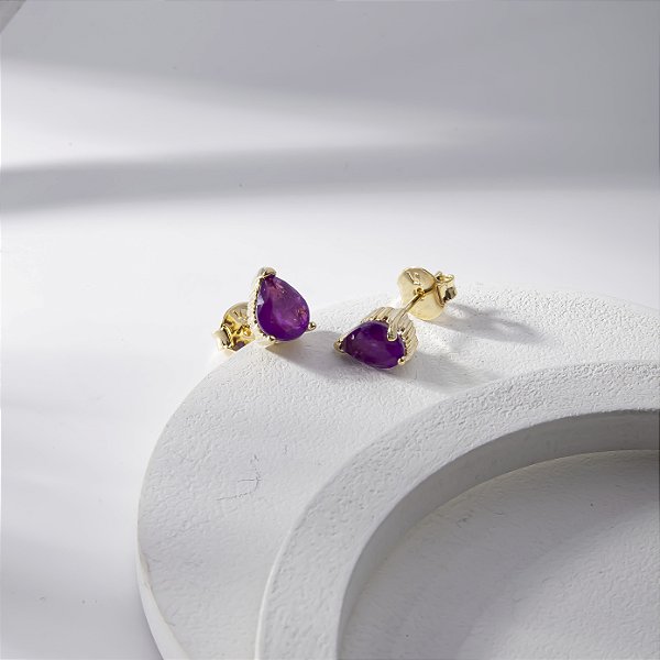 Brinco Gota Pequena Roxo Fusion Banho de Ouro 18k