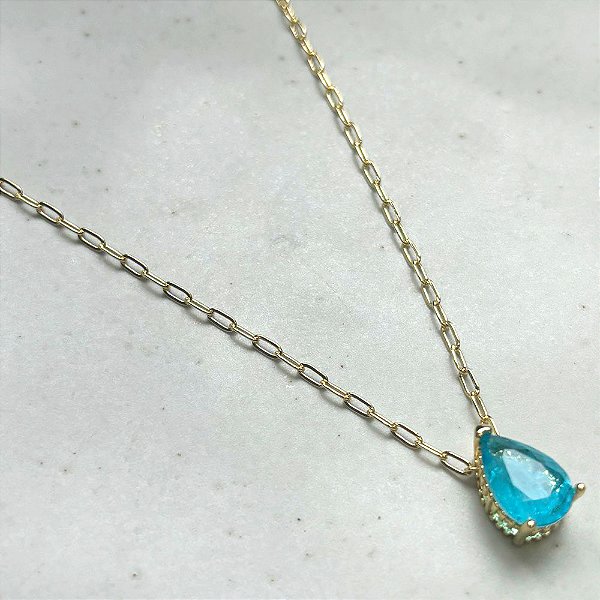 Colar Gota Azul Fusion Banho de Ouro 18k