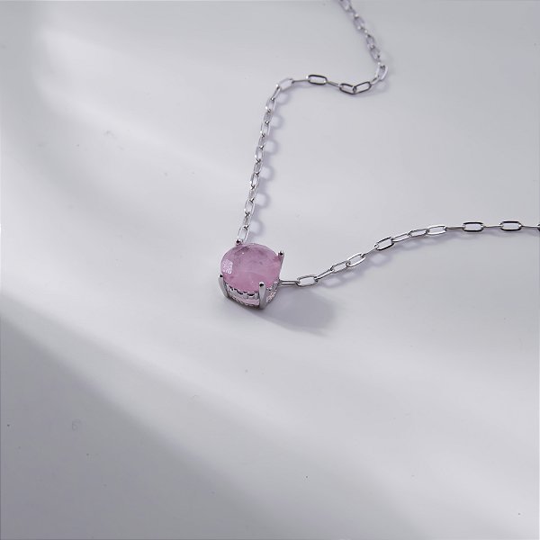 Colar Redondo Rosa Claro Fusion Banho de Ródio Branco