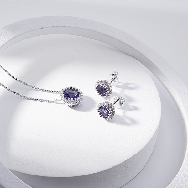Conjunto Zircônia Roxo e Incolor Banho de Ródio Branco