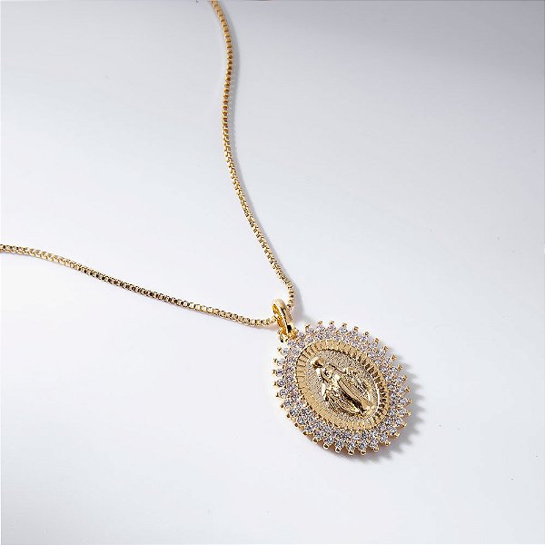 Colar Curto Nossa Senhora das Graças Zircônias Banho de Ouro 18k