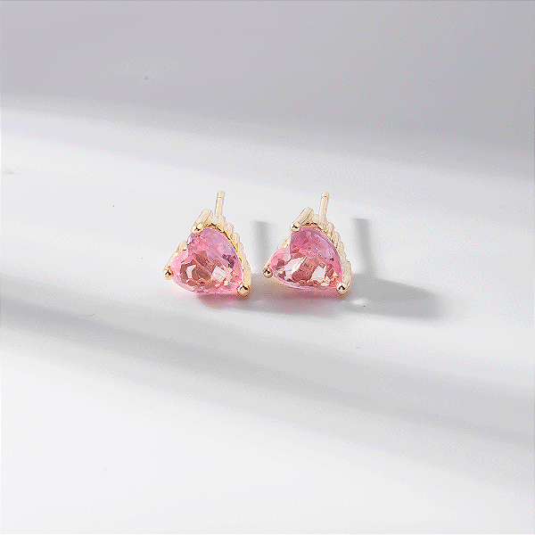 Brinco Coração Pequeno Rosa Claro Fusion Banho de Ouro 18k