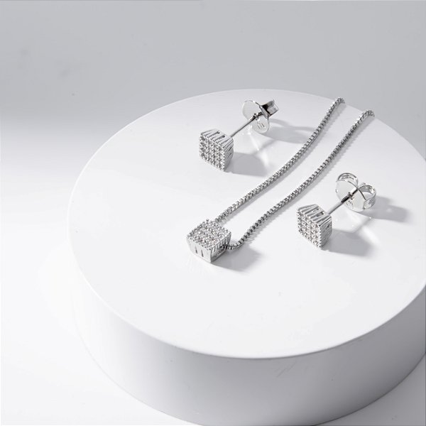 Conjunto Quadrado Zircônias Incolor Banho de Ródio Branco